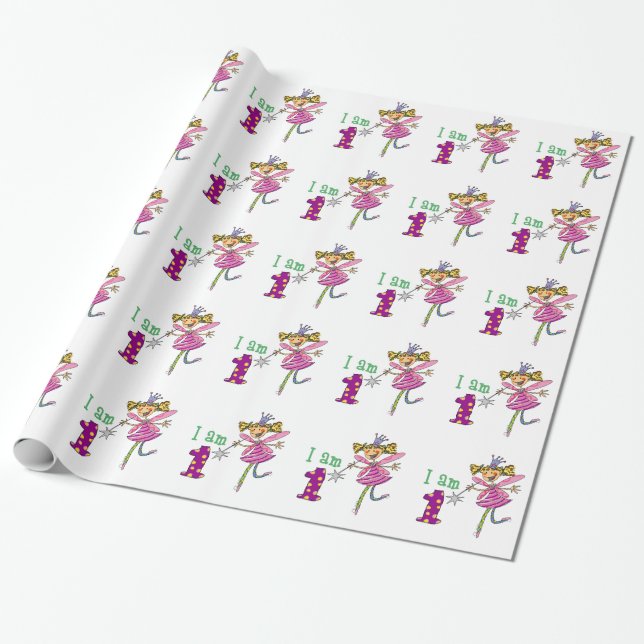 Happy 1st birthday girl (pink princess fairy) wrapping paper (Unrolled)
