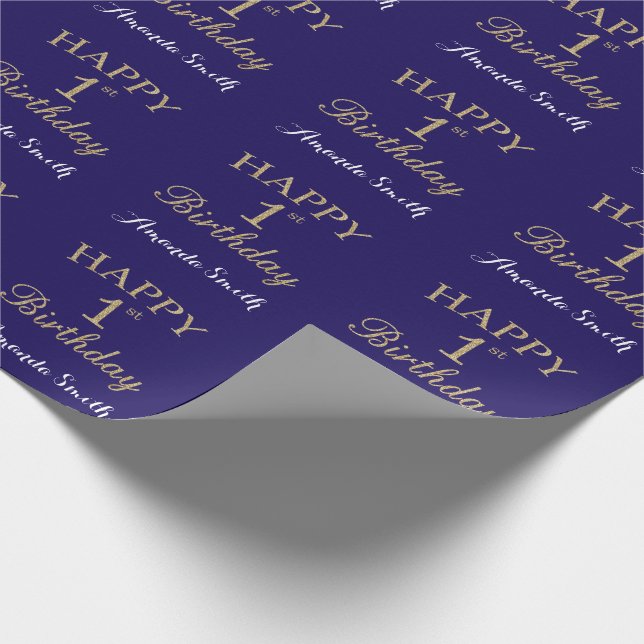 Happy 1st Birthday Gold Glitter and Navy Blue Wrapping Paper (Corner)
