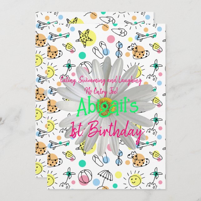 Happy 1st. Birthday Invitation Splash Swimming  (Front/Back)