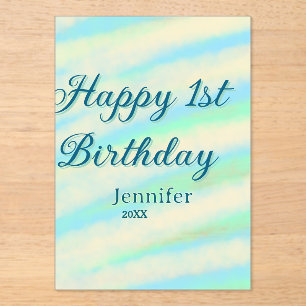 Happy 1st birthday kids baby blue green pastel ret acrylic invitations