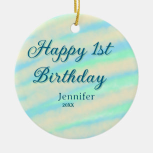 Happy 1st birthday kids baby blue green pastel ret ceramic ornament