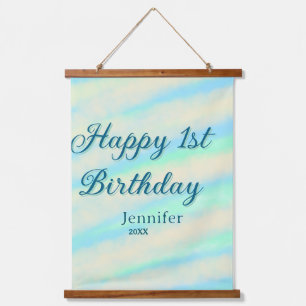 Happy 1st birthday kids baby blue green pastel ret hanging tapestry