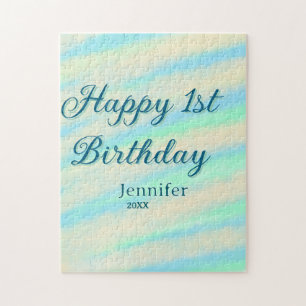Happy 1st birthday kids baby blue green pastel ret jigsaw puzzle