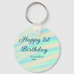 Happy 1st birthday kids baby blue green pastel ret keychain