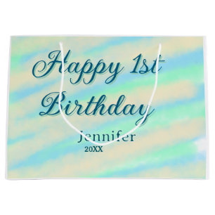 Happy 1st birthday kids baby blue green pastel ret large gift bag