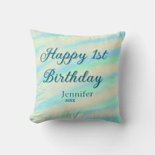 Happy 1st birthday kids baby blue green pastel ret throw pillow