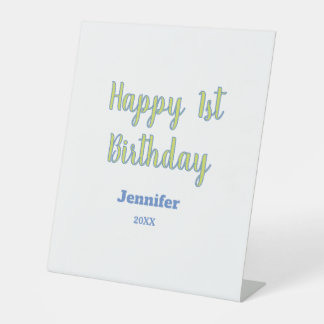 Happy 1st birthday kids baby green blue pastel tre pedestal sign