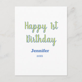 Happy 1st birthday kids baby green blue pastel tre postcard