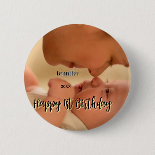 Happy 1st birthday kids baby mother black yellow 2 inch round button