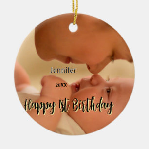 Happy 1st birthday kids baby mother black yellow  ceramic ornament