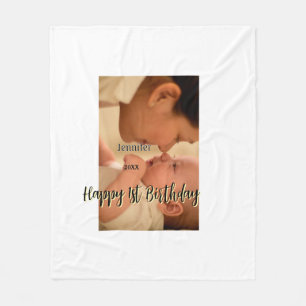 Happy 1st birthday kids baby mother black yellow  fleece blanket