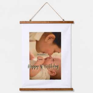 Happy 1st birthday kids baby mother black yellow  hanging tapestry