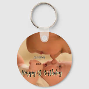 Happy 1st birthday kids baby mother black yellow keychain