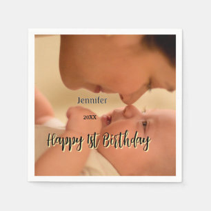 Happy 1st birthday kids baby mother black yellow  napkin