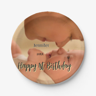 Happy 1st birthday kids baby mother black yellow  paper plate