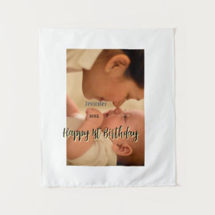 Happy 1st birthday kids baby mother black yellow  tapestry