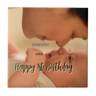 Happy 1st birthday kids baby mother black yellow  tile