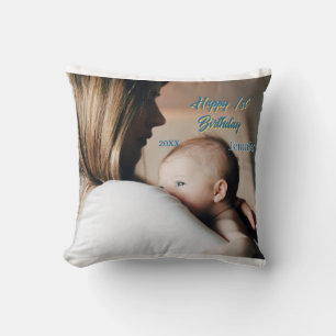 Happy 1st birthday kids baby mother blue yellow ph throw pillow