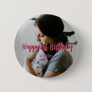 Happy 1st birthday kids baby mother red orange sty 2 inch round button
