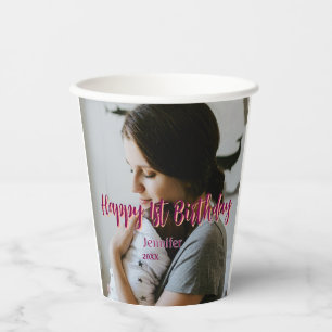 Happy 1st birthday kids baby mother red orange sty paper cups