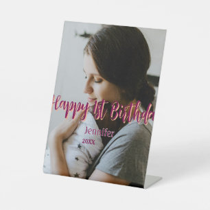 Happy 1st birthday kids baby mother red orange sty pedestal sign