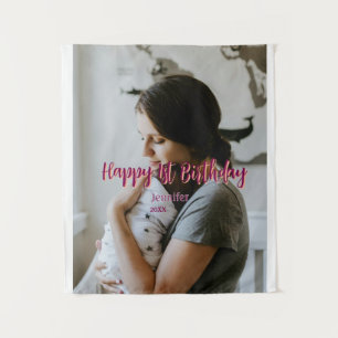 Happy 1st birthday kids baby mother red orange sty tapestry