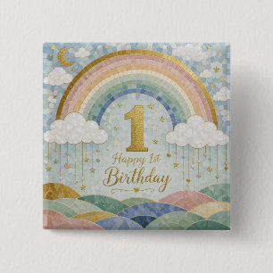 Happy 1st Birthday Mosaic Rainbow Cloud Design 2 Inch Square Button
