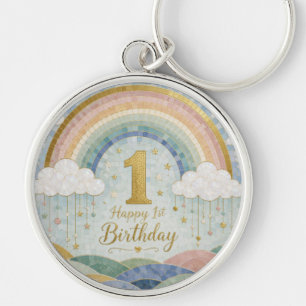Happy 1st Birthday Mosaic Rainbow Cloud Design Keychain