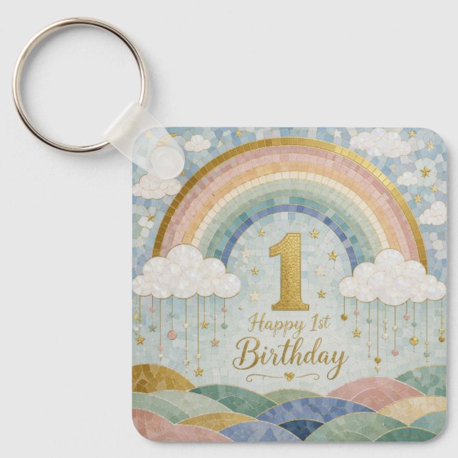 Happy 1st Birthday Mosaic Rainbow Cloud Design Keychain (Front)
