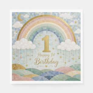 Happy 1st Birthday Mosaic Rainbow Cloud Design Napkin