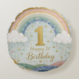 Happy 1st Birthday Mosaic Rainbow Cloud Design Round Pillow