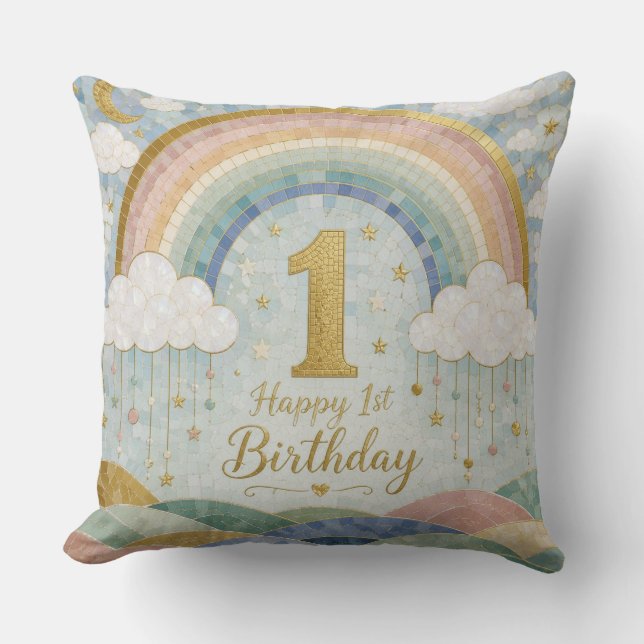 Happy 1st Birthday Mosaic Rainbow Cloud Design Throw Pillow (Front)