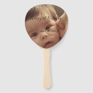 Happy 1st birthday name photo date stylish calligr hand fan