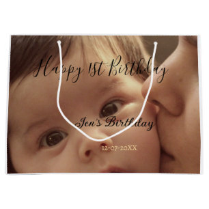 Happy 1st birthday name photo date stylish calligr large gift bag