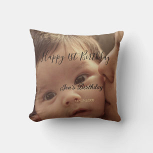 Happy 1st birthday name photo date stylish calligr throw pillow