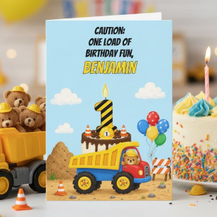 Happy 1st Birthday Personalize Dump Truck Card