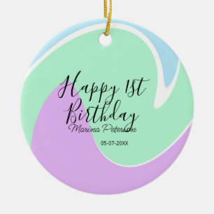 Happy 1st birthday pink green blue acrylic pour  ceramic ornament