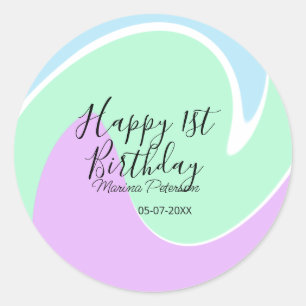 Happy 1st birthday pink green blue acrylic pour classic round sticker