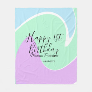 Happy 1st birthday pink green blue acrylic pour  fleece blanket