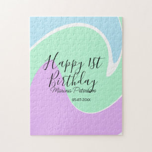 Happy 1st birthday pink green blue acrylic pour  jigsaw puzzle