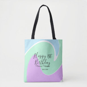 Happy 1st birthday pink green blue acrylic pour tote bag