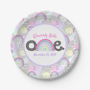 Happy 1st Birthday Rainbow 90's Baby Girl's Party Paper Plate