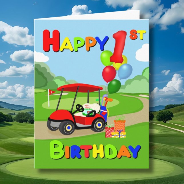 Happy 1st Birthday Red Boys Golf Card (Creator Uploaded)