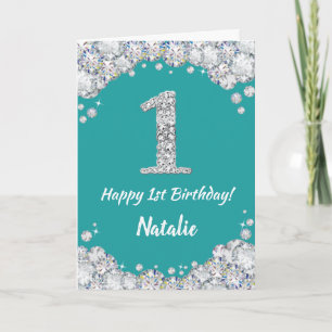Happy 1st Birthday Teal and Silver Glitter Card