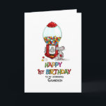 Happy 1st Birthday to my wonderful Grandson Card<br><div class="desc">Happy 1st Birthday to my wonderful Grandson. Artist's Notes: This humourous Design shows a gumball machine with a lot of gumballs in it. There is a little shy mouse in front of the machine holding a gumball in his hand. A cute way to wish or send sweet and colourful Birthday...</div>