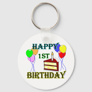 Happy 1st Birthday with Cake, Balloons and Candle Keychain