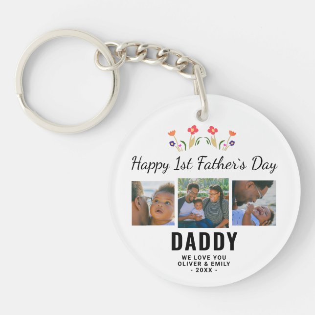 Happy 1st Father`s Day Daddy Keepsake 3 Photo Keychain (Front)