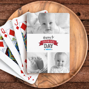 Happy 1st Father’s Day Red 3 Photo Collage Modern  Playing Cards