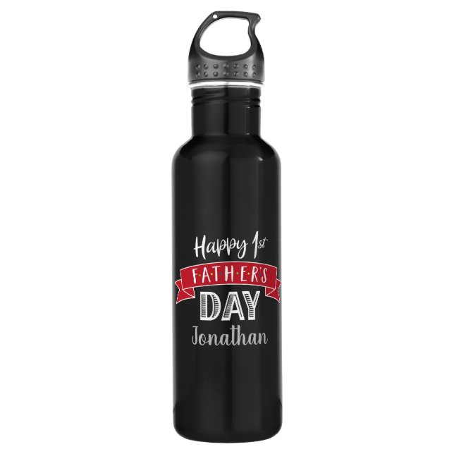 Happy 1st Father’s Day Red Banner Black Name Cool 710 Ml Water Bottle (Front)