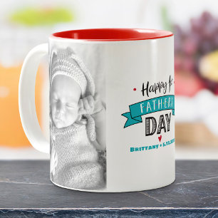 Happy 1st Fathers Day 2 Photo Typography Turquoise Two-Tone Coffee Mug